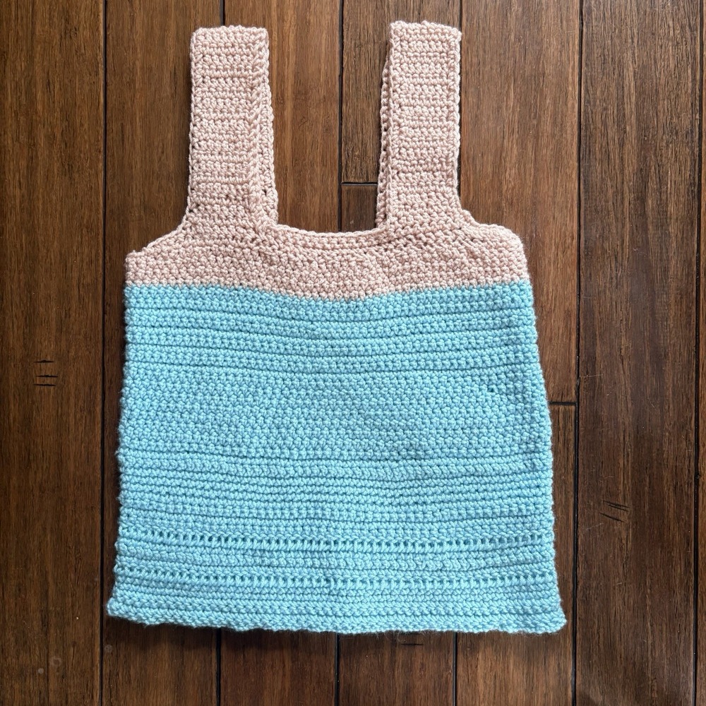 Handmade Crochet Tank Top Women's Medium Blue Tan Colorblock Knit Boho Festival
